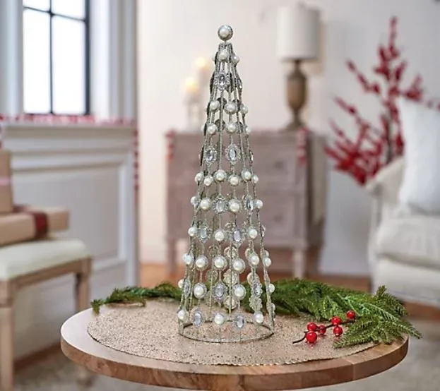 16" Pearl and Jewel Glitter Cone Tree by Valerie Silver,