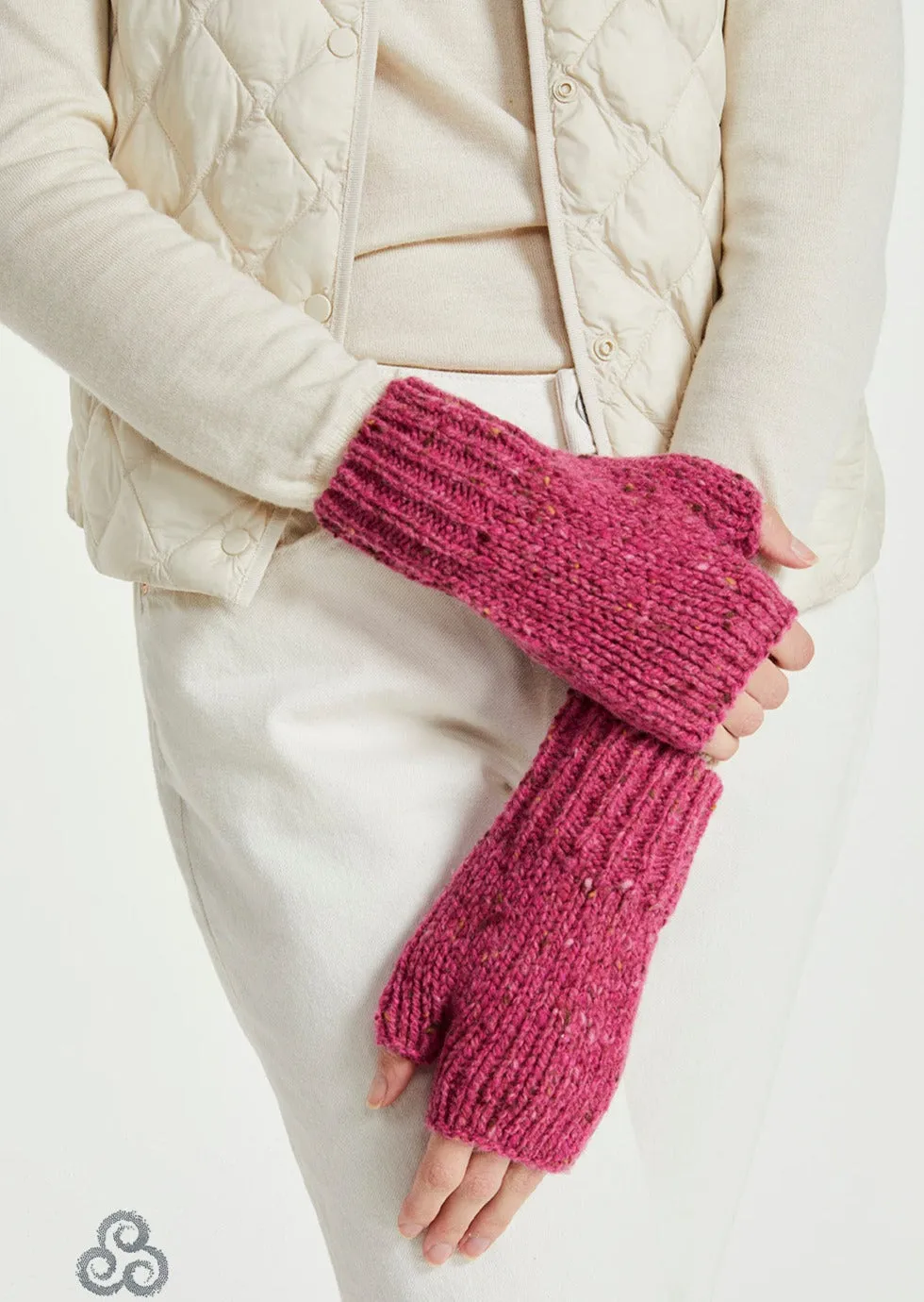 Aran Nepped Fingerless Mittens | Pink