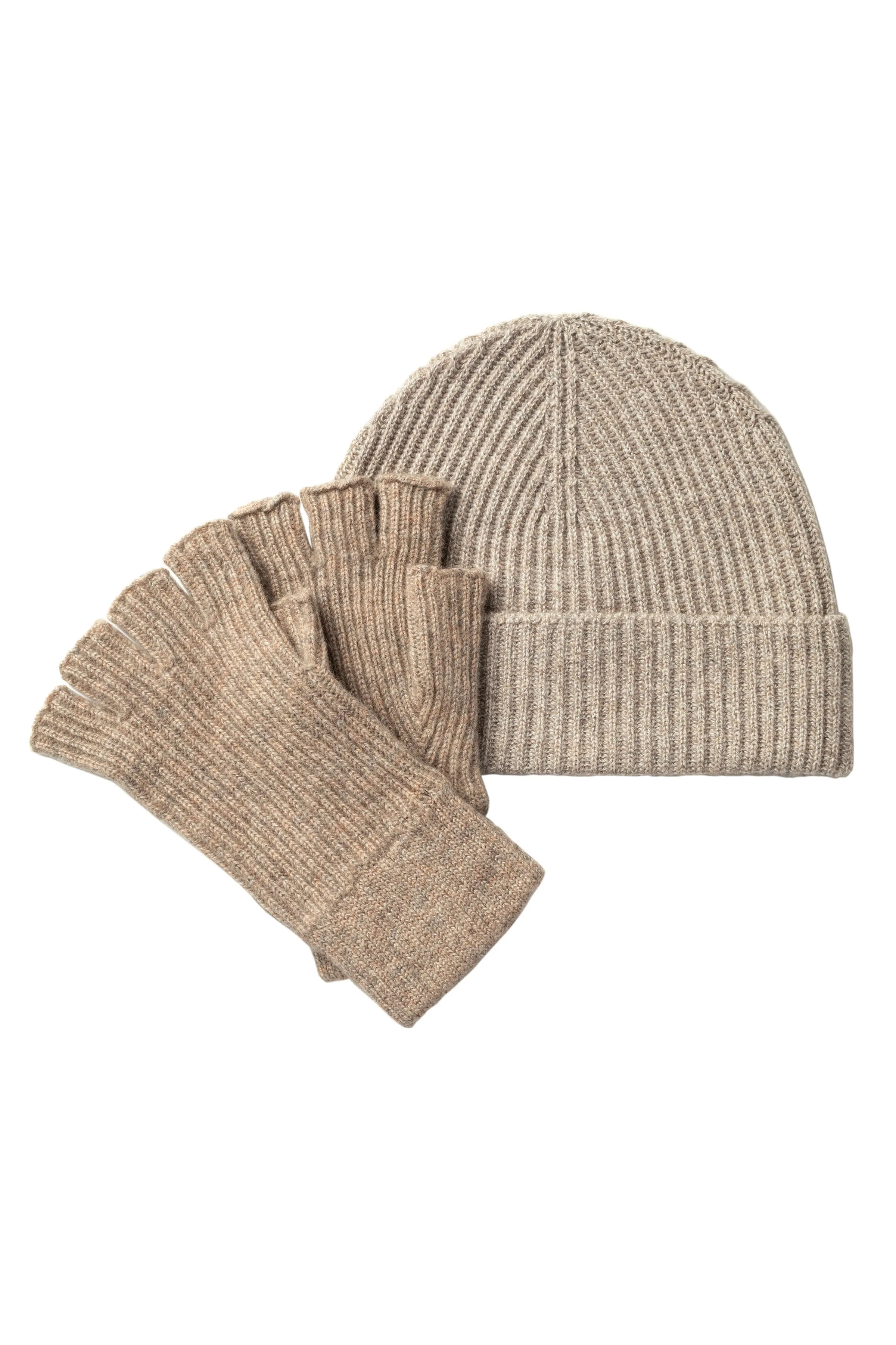 Ash Ribbed Cashmere Beanie & Fingerless Gloves