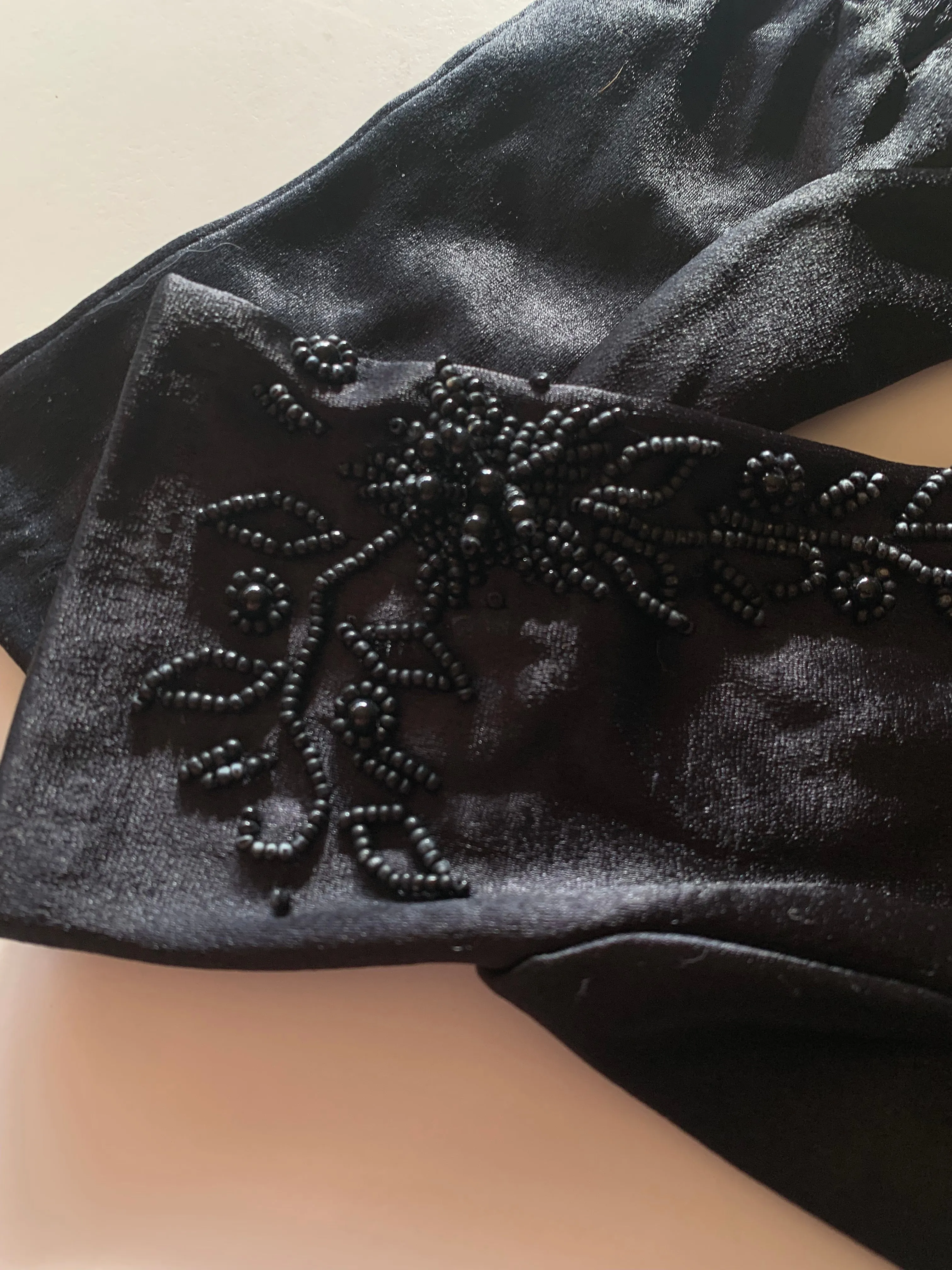 Black. Satin Beaded Satin Finish Nylon Gloves circa 1960s