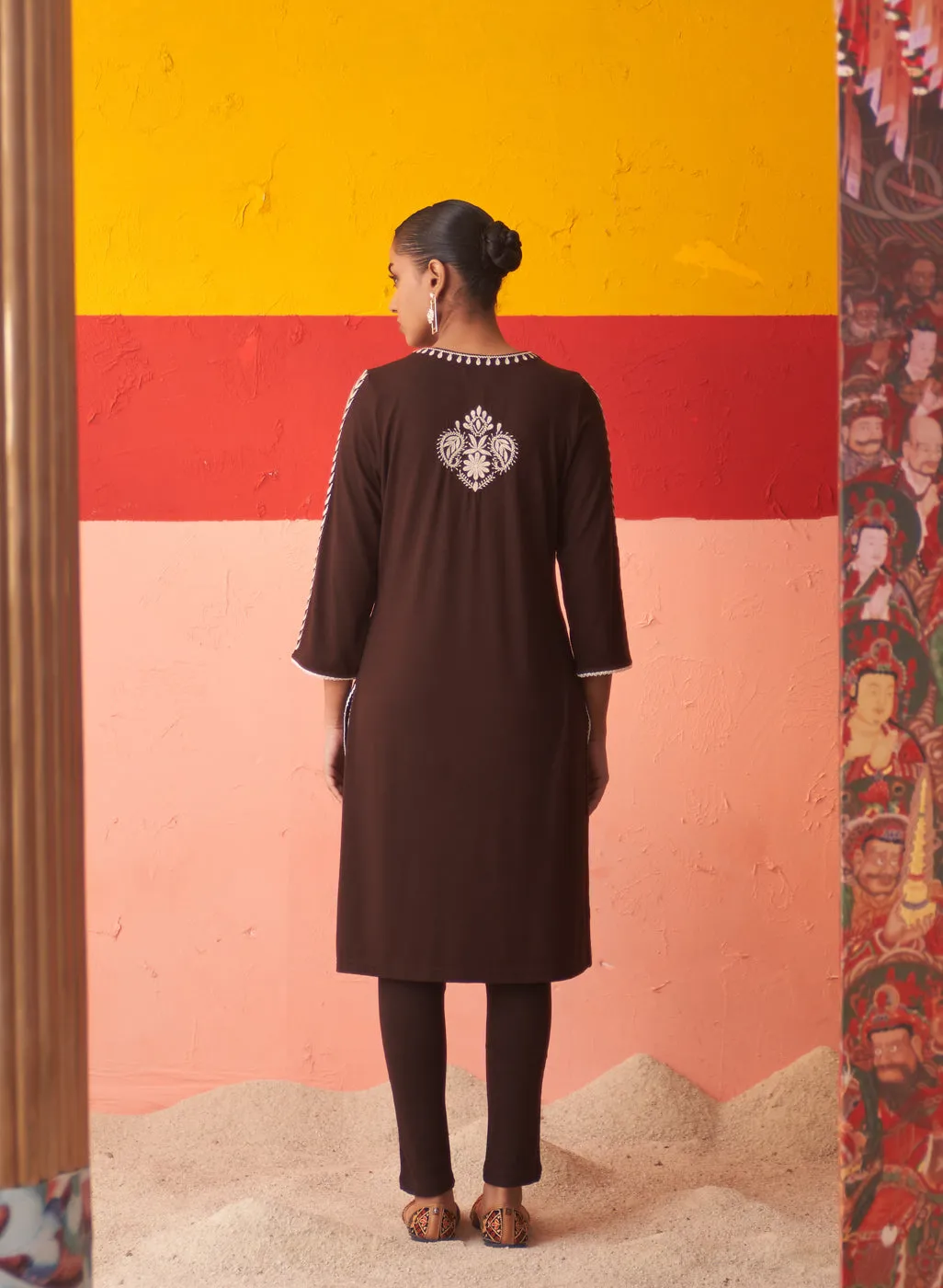 Brown Straight Kurta for Women with Threadwork