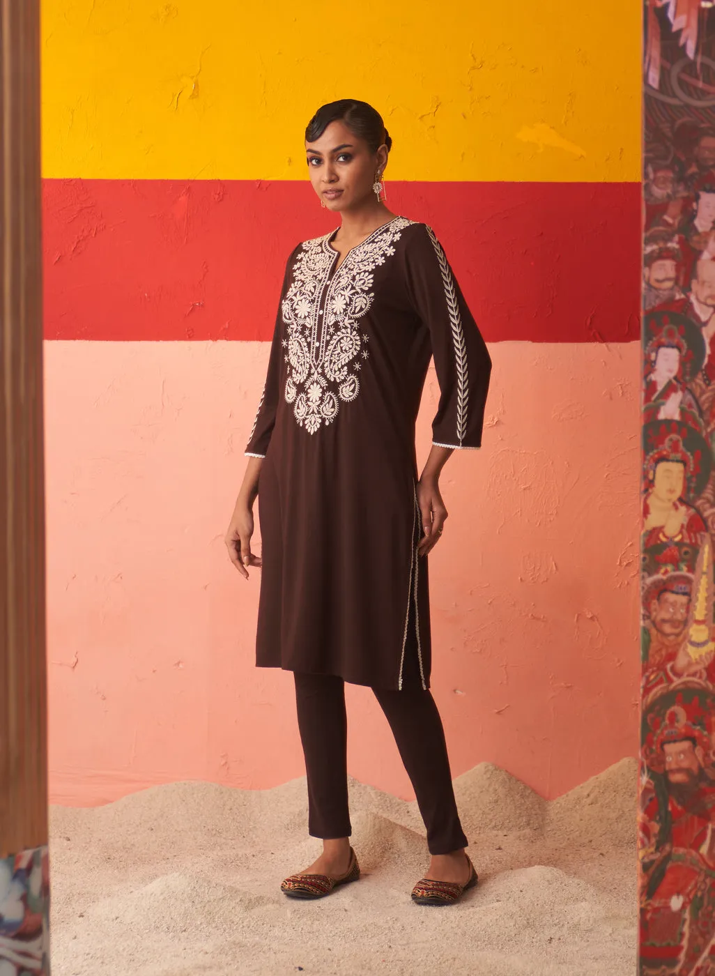 Brown Straight Kurta for Women with Threadwork