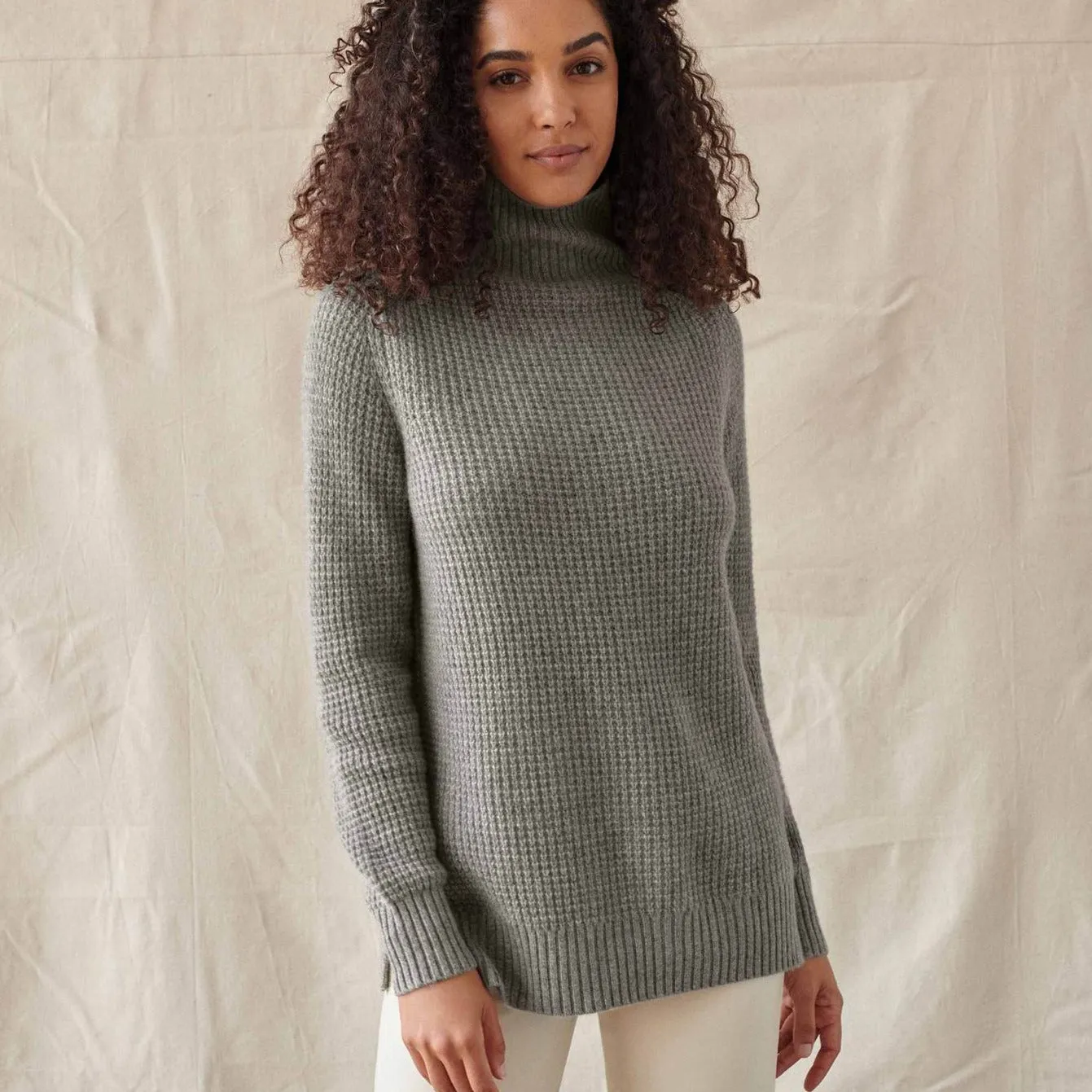 Cashmere Luxe Waffle Knit Stand Neck - Grey Heather