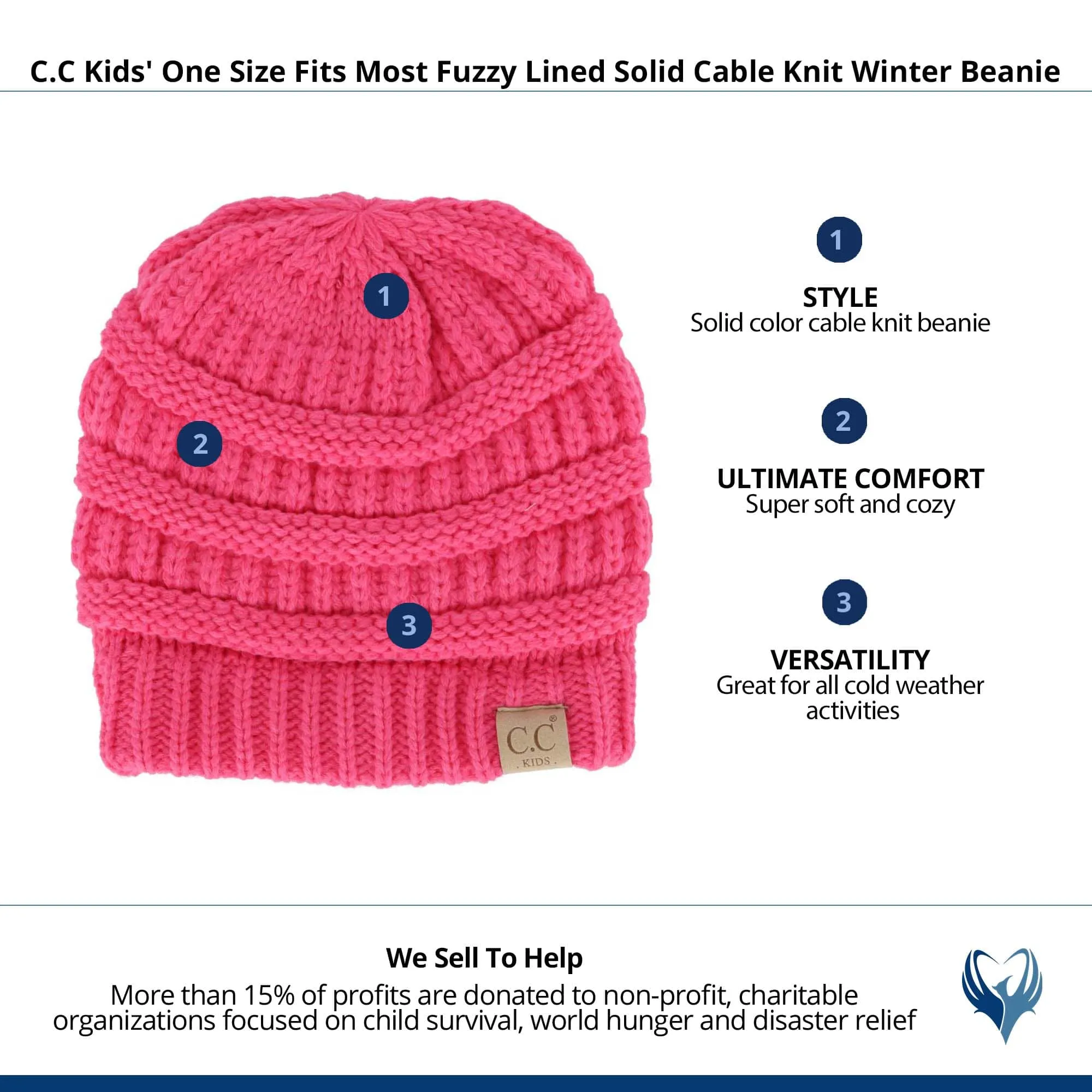 C.C Kids' One Size Fits Most Fuzzy Lined Solid Cable Knit Winter Beanie