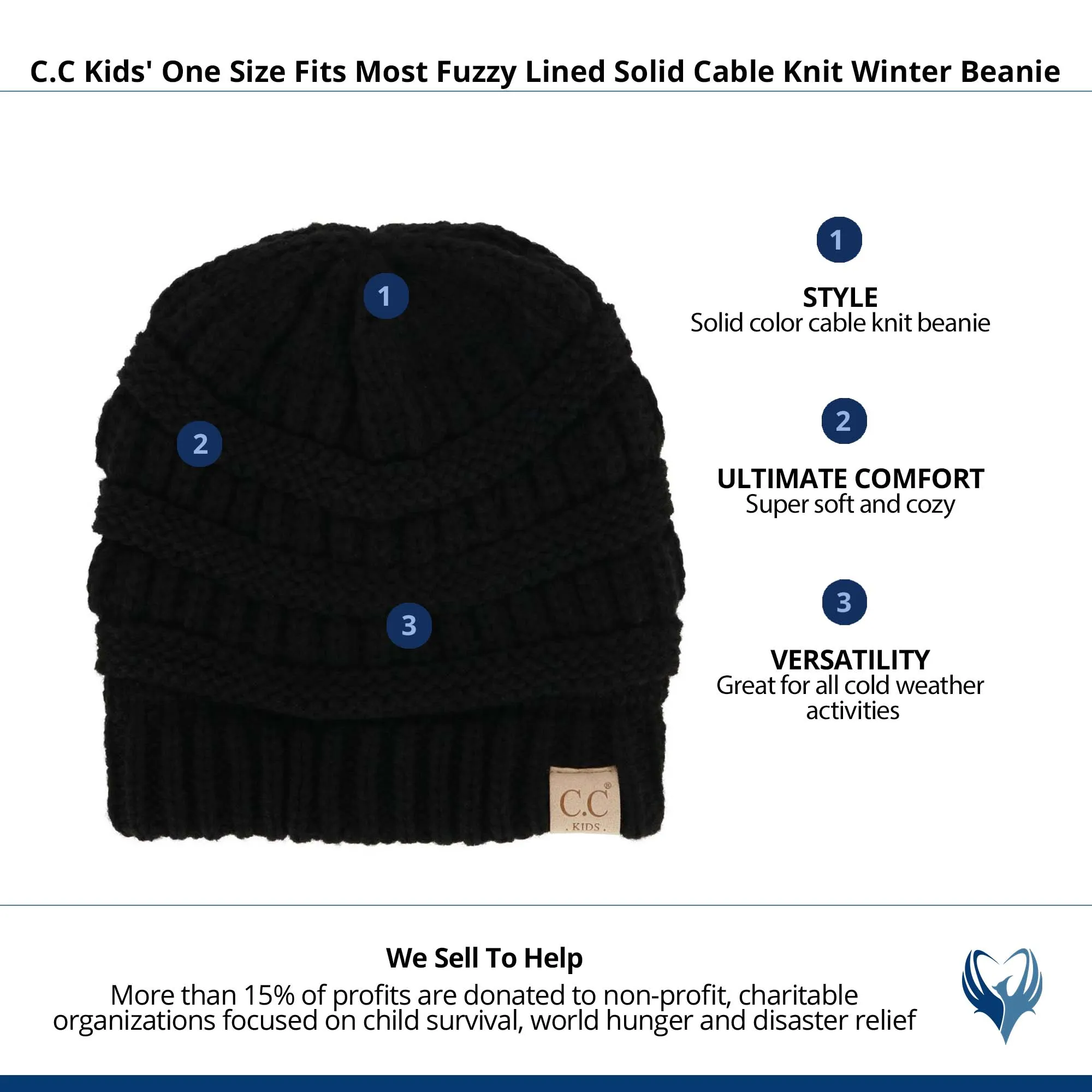 C.C Kids' One Size Fits Most Fuzzy Lined Solid Cable Knit Winter Beanie