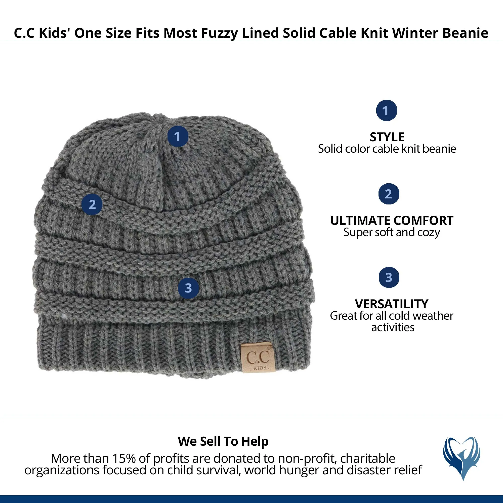 C.C Kids' One Size Fits Most Fuzzy Lined Solid Cable Knit Winter Beanie