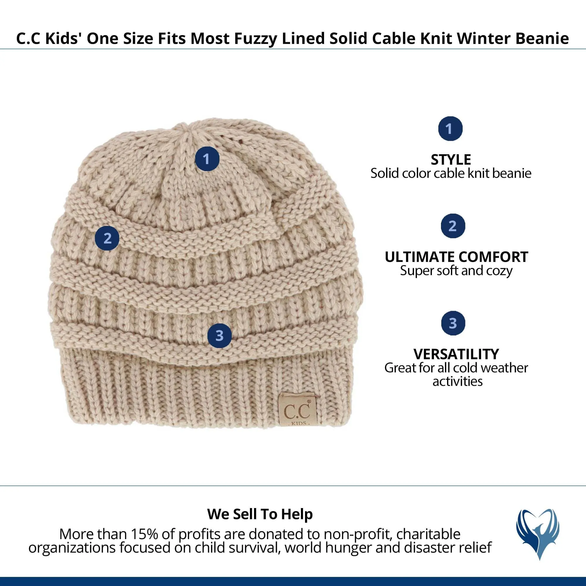 C.C Kids' One Size Fits Most Fuzzy Lined Solid Cable Knit Winter Beanie