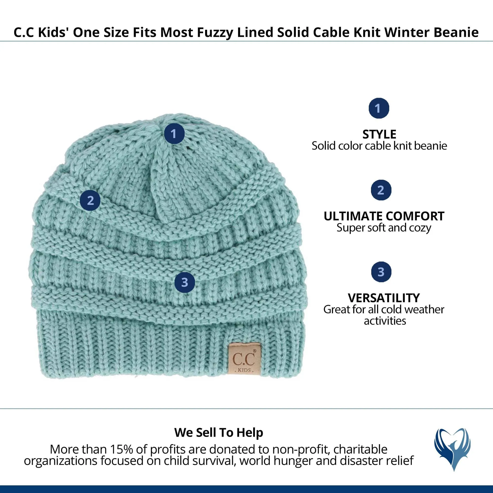 C.C Kids' One Size Fits Most Fuzzy Lined Solid Cable Knit Winter Beanie