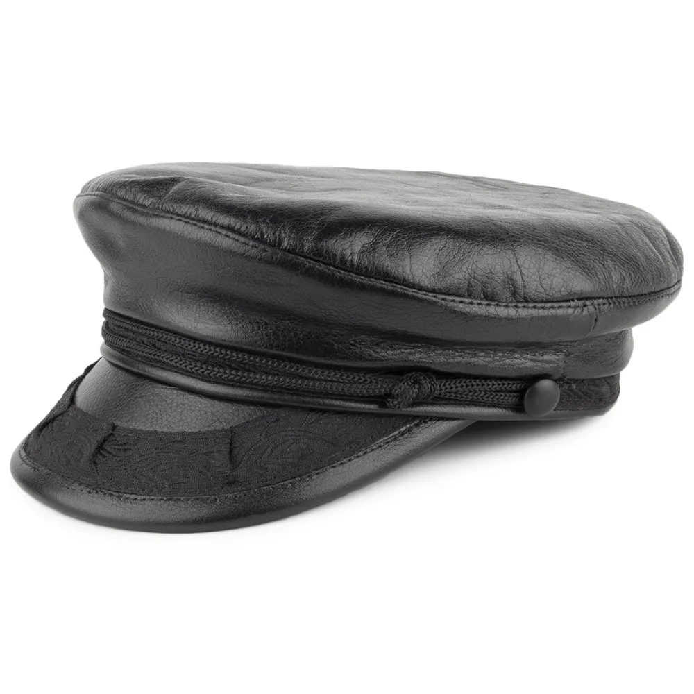 Classic Leather Greek Fisherman Cap - Black