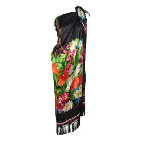 EMANUEL UNGARO Vivid Black Tropical Print Fringe Scarf with Bird Motif XL