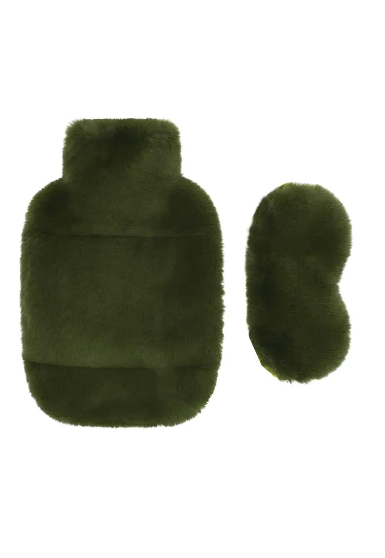 FAUX FUR HOT WATER BOTTLE AND EYE MASK SET IN OLIVE