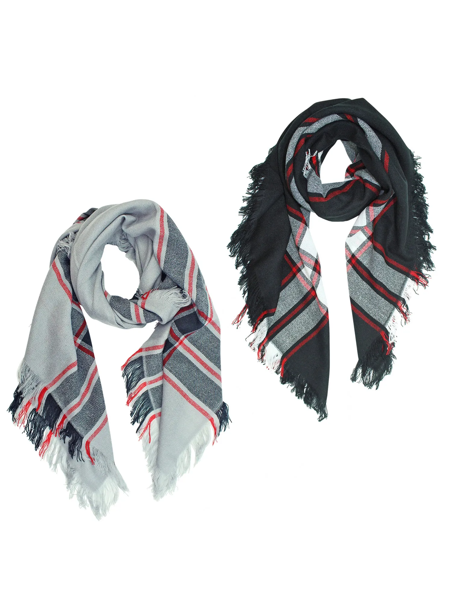 Gray White Wool Plaid Oversized Blanket Scarf 2 Pack Set