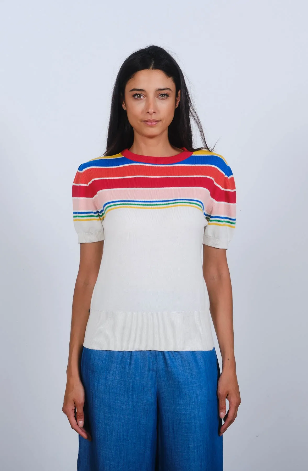 Half Stripe S/S Crew in Egret White