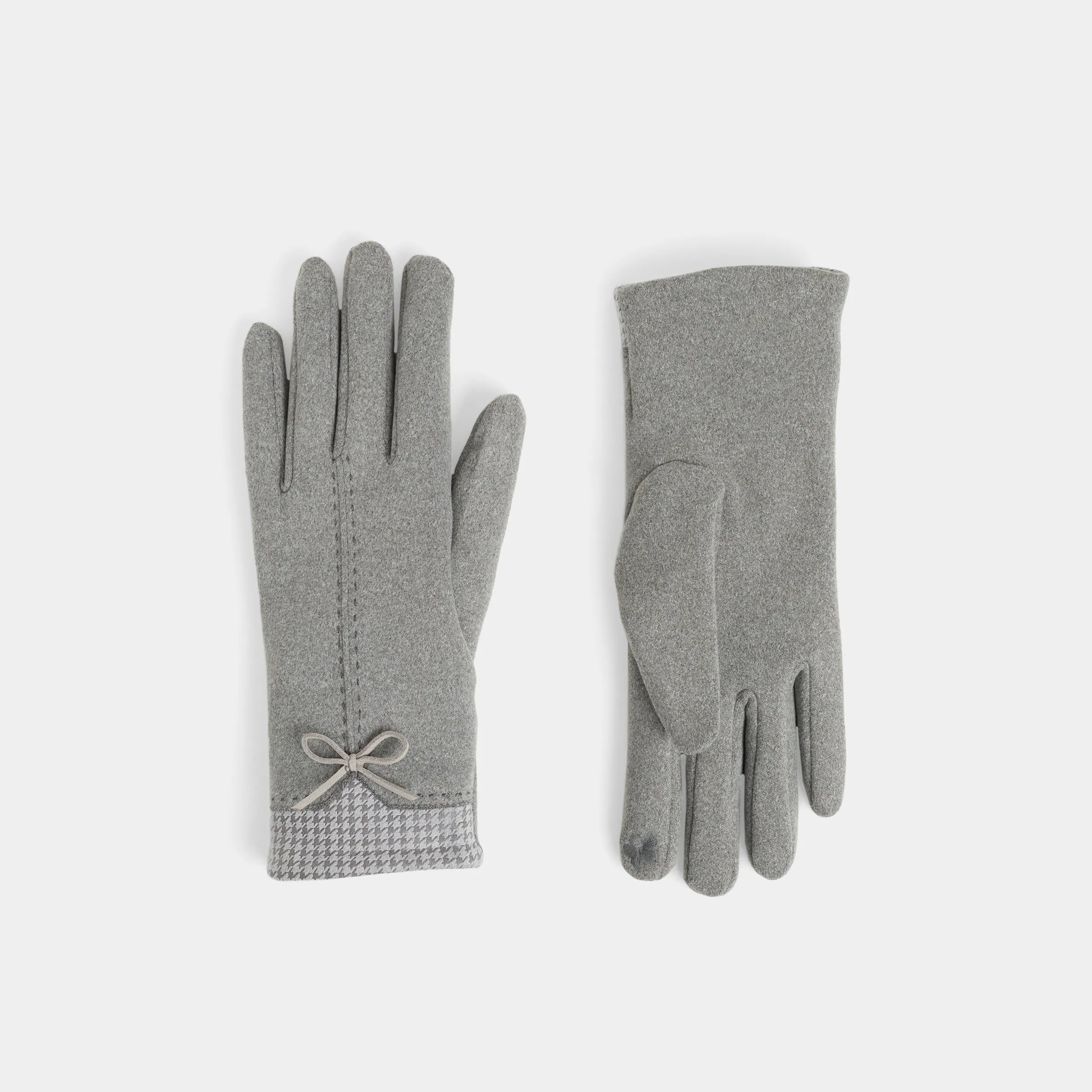 Houndstooth Bow Touchscreen Gloves - Grey