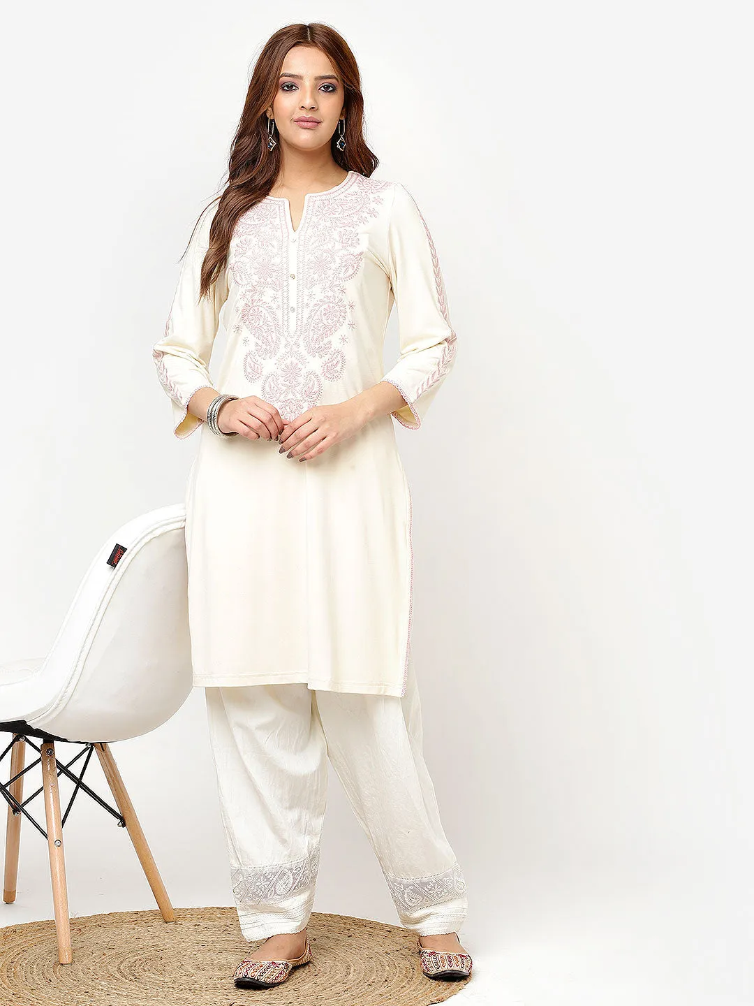 Ivory Straight Kurta for Women with Threadwork