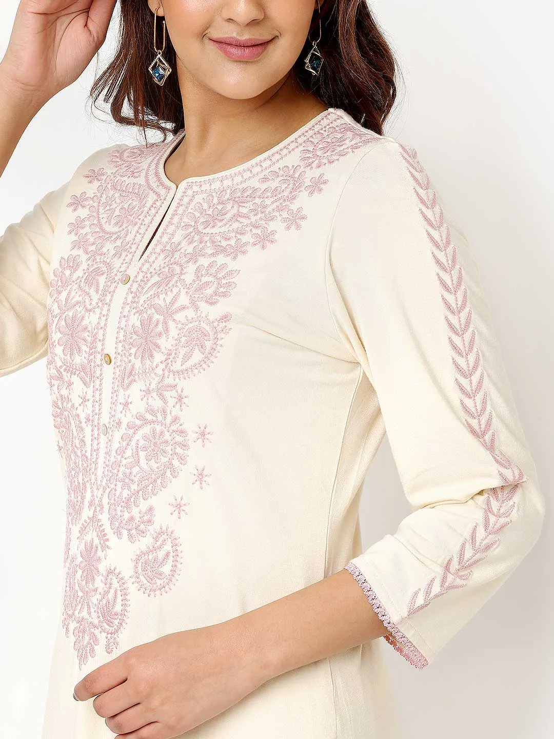 Ivory Straight Kurta for Women with Threadwork