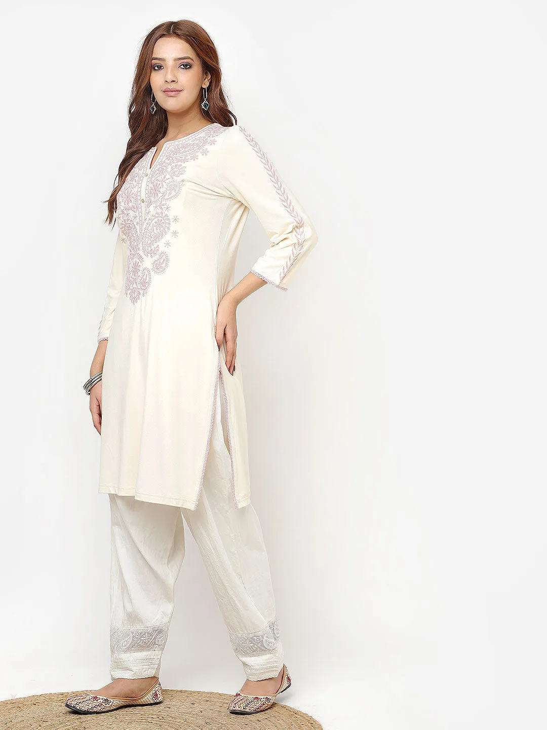 Ivory Straight Kurta for Women with Threadwork