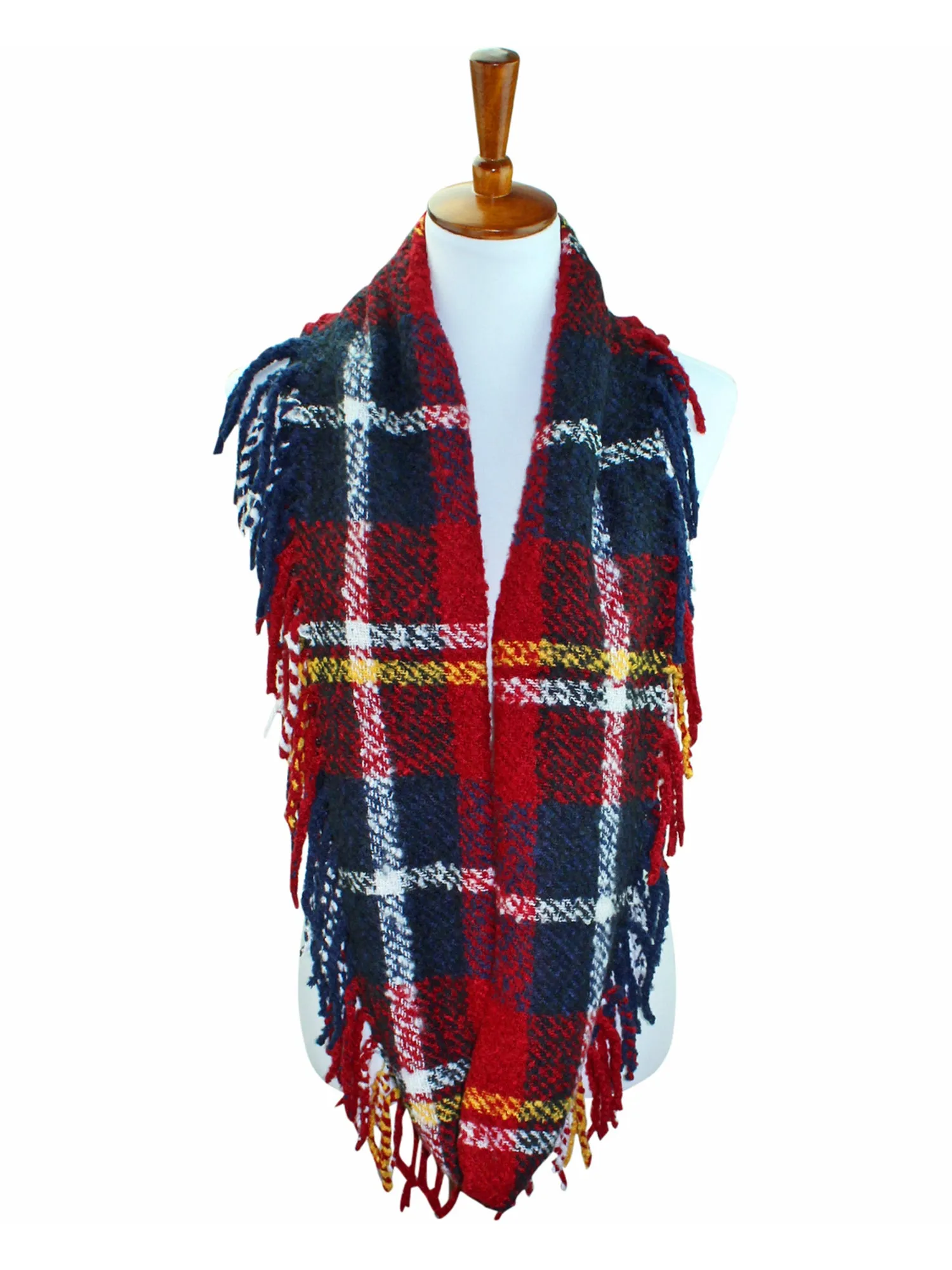 Knit Plaid Infinity Scarf With Fringe Finish