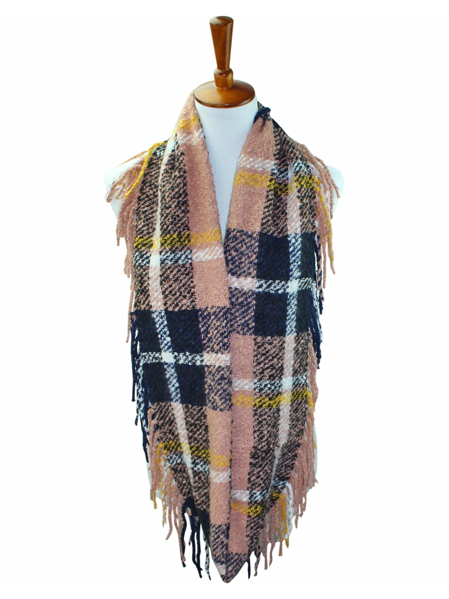 Knit Plaid Infinity Scarf With Fringe Finish