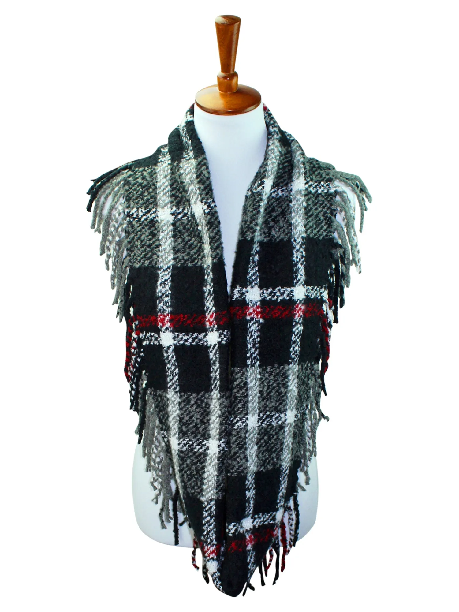 Knit Plaid Infinity Scarf With Fringe Finish