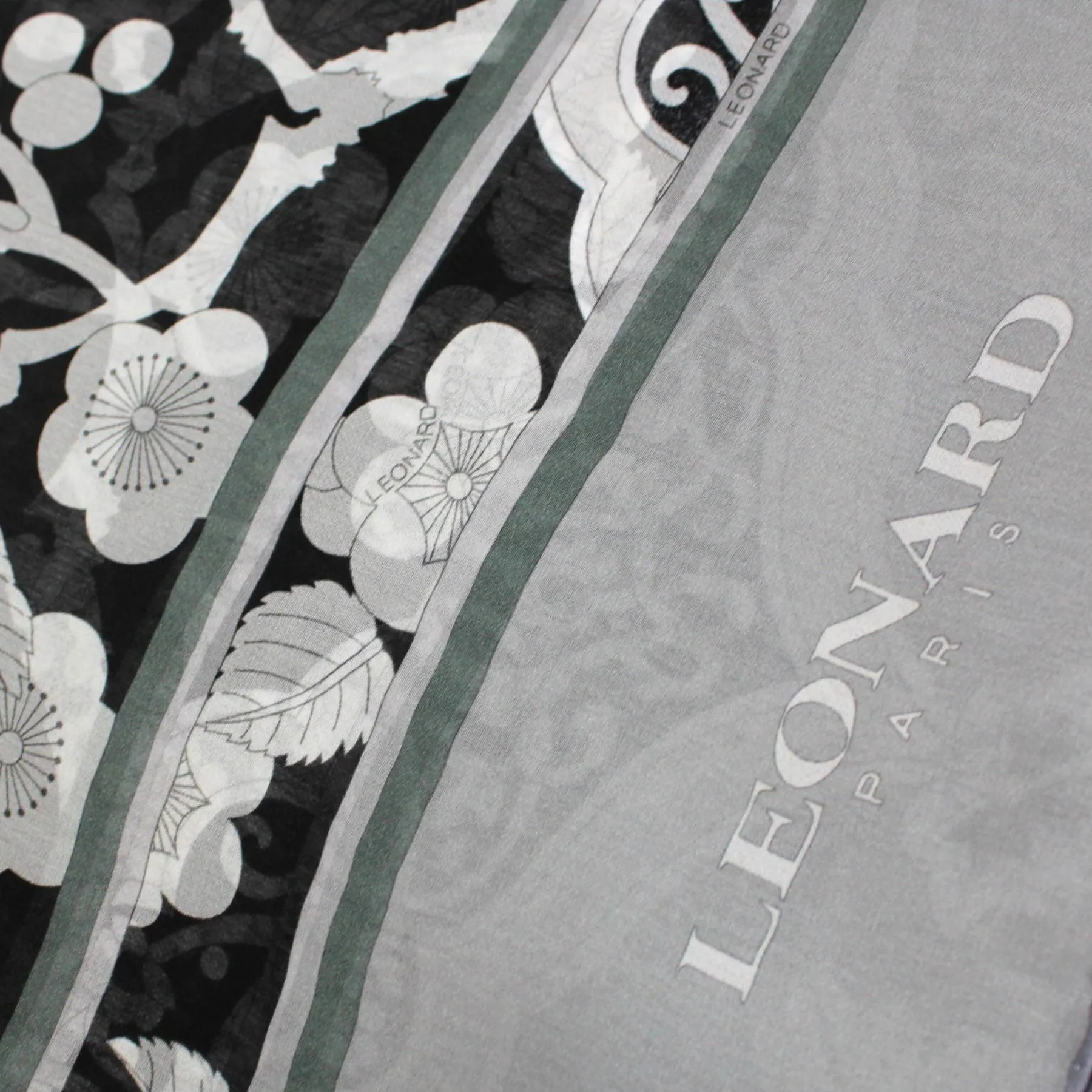 Leonard Paris Chiffon Silk Scarf Black Gray Floral