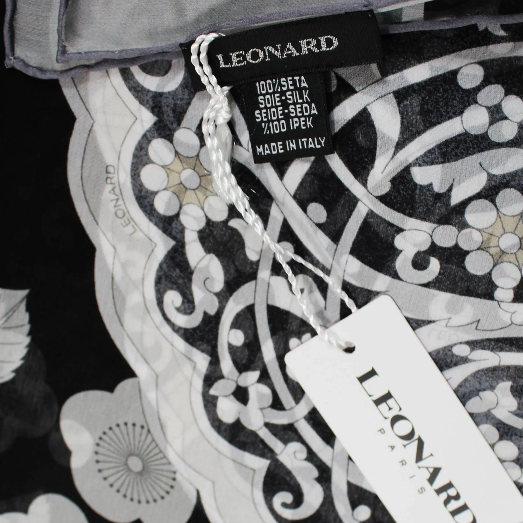 Leonard Paris Chiffon Silk Scarf Black Gray Floral