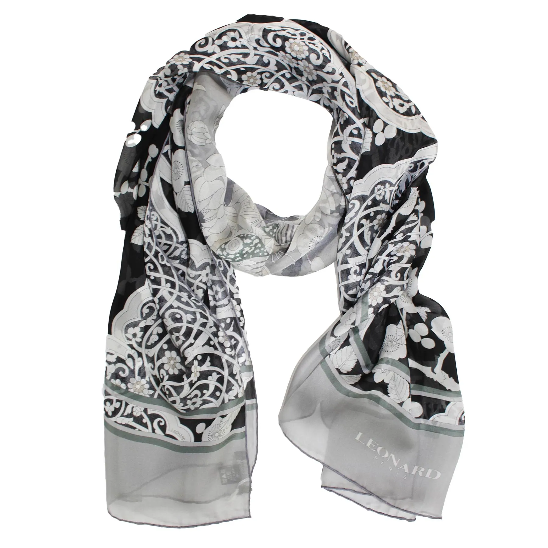 Leonard Paris Chiffon Silk Scarf Black Gray Floral