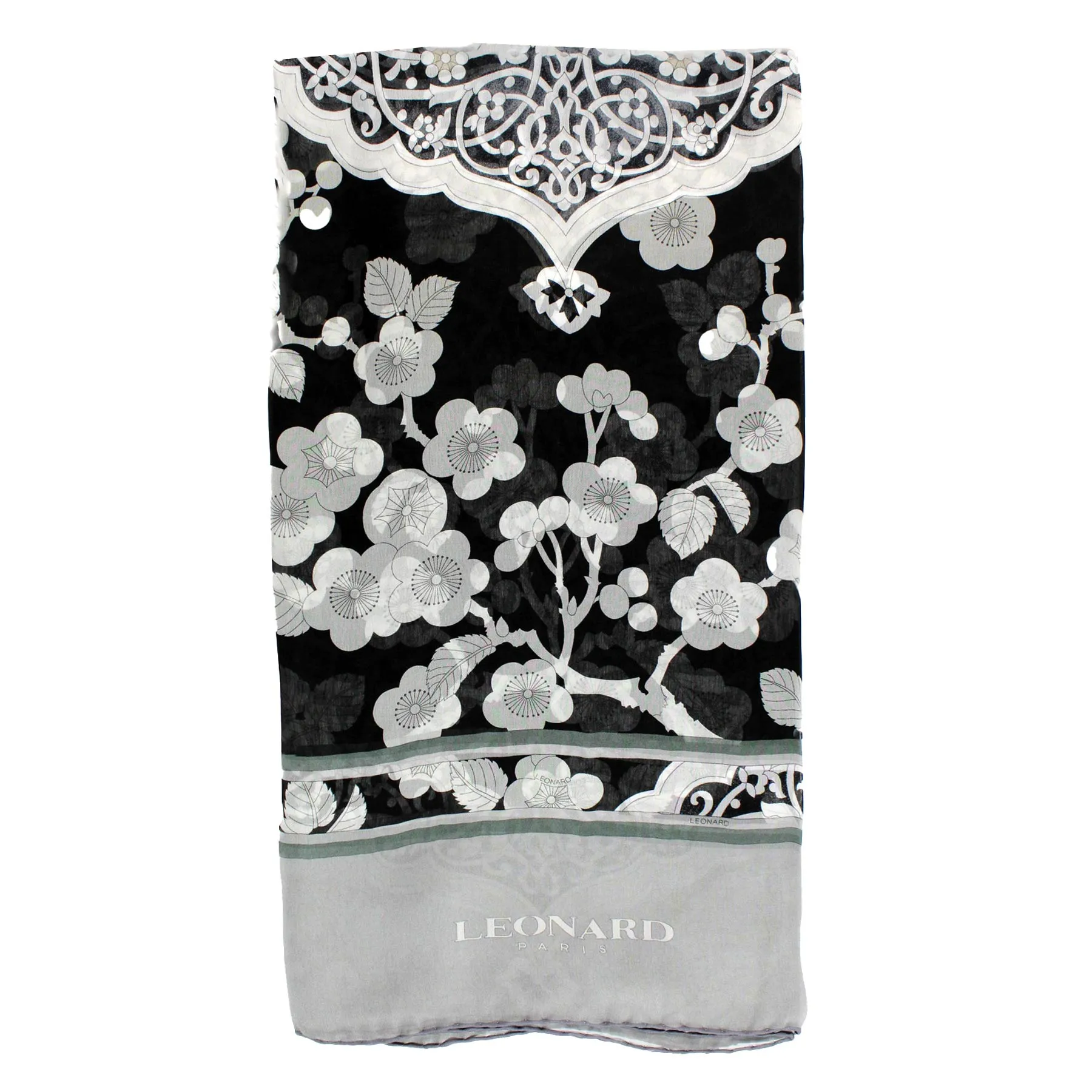 Leonard Paris Chiffon Silk Scarf Black Gray Floral