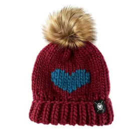 Luxury Big Heart Pom-Pom Beanie in Cabernet   Teal