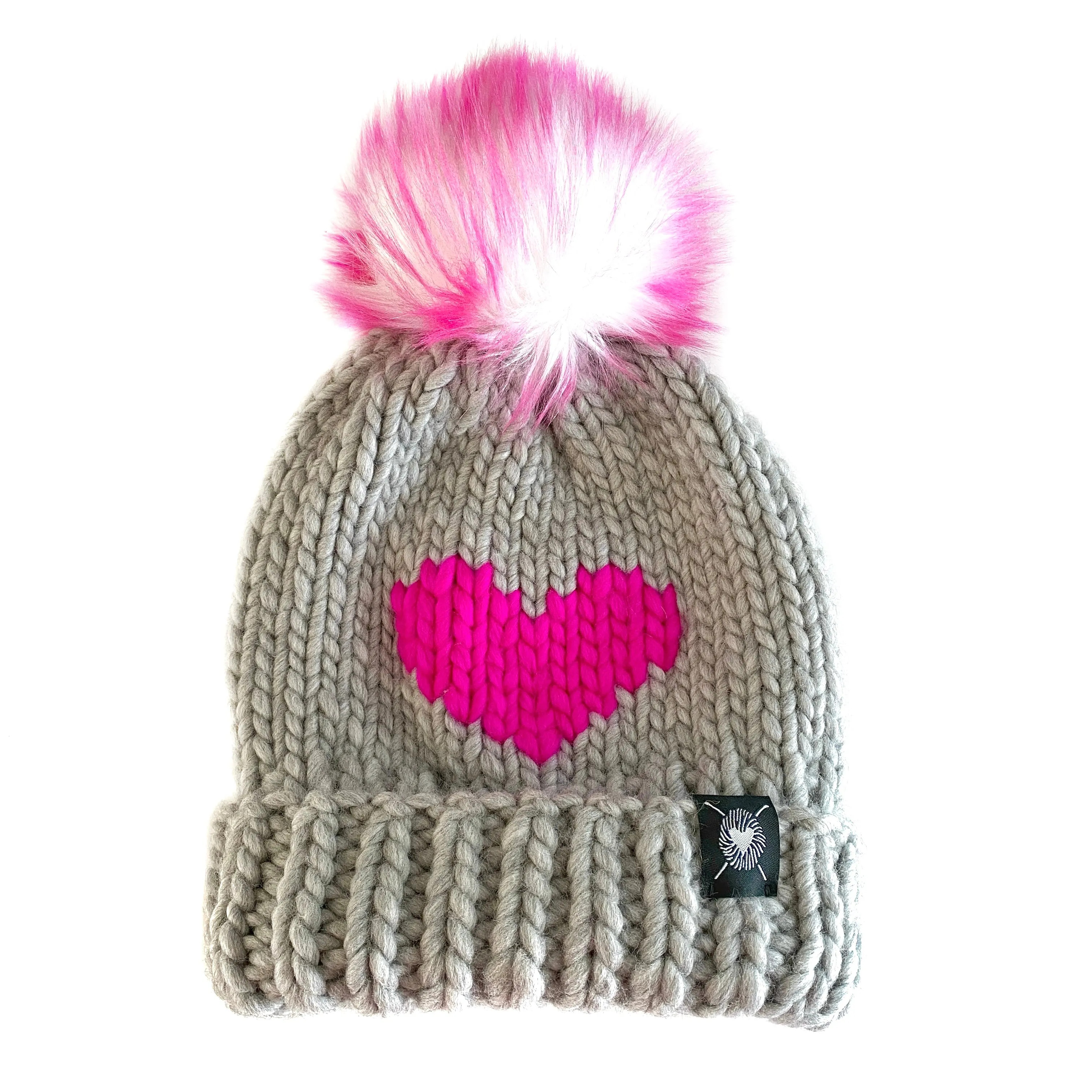 Luxury Big Heart Pom-Pom Beanie in Silver   Neon Pink