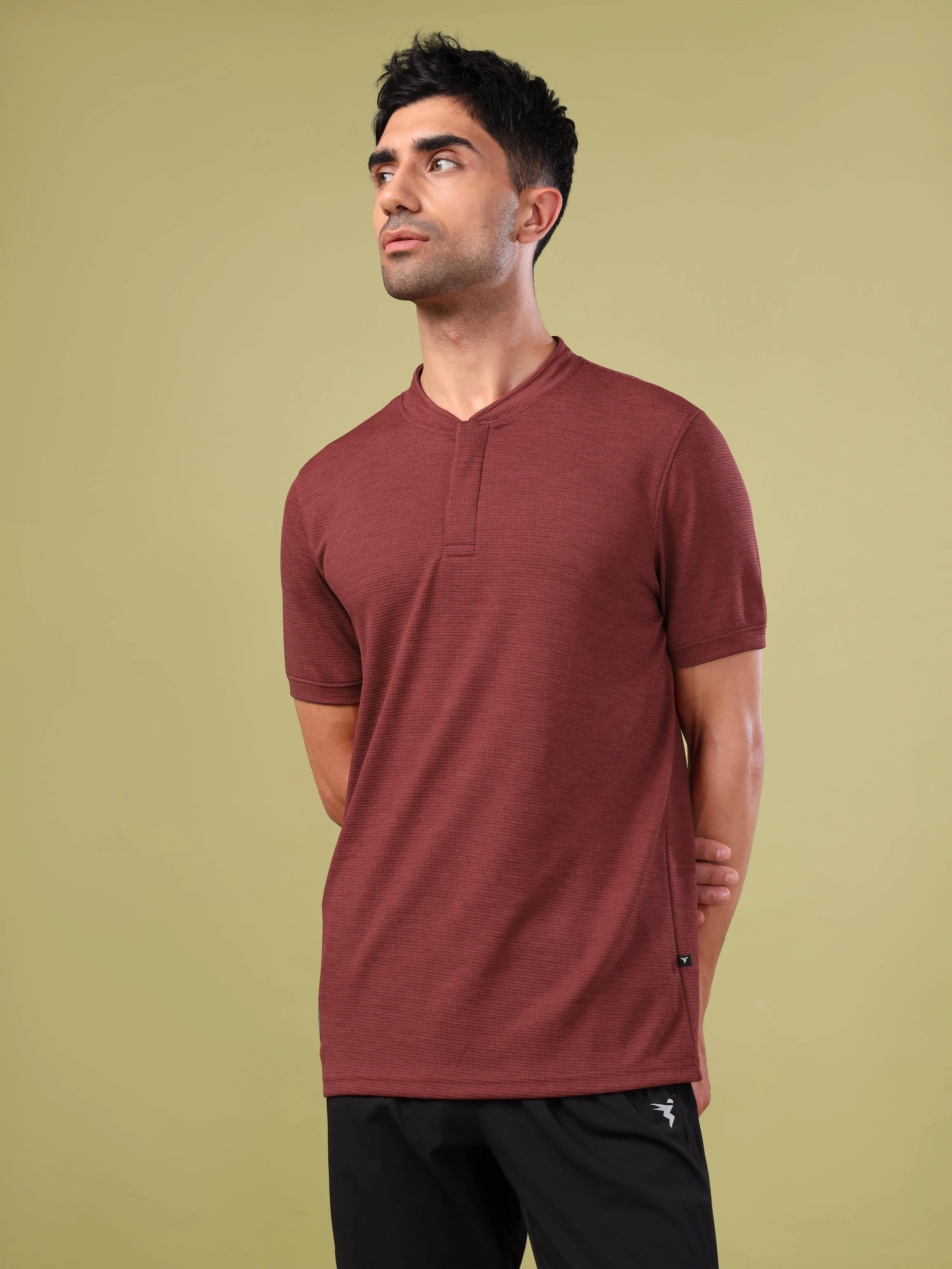 Men Cubic Melange Slim Fit Henley Neck Sports T-shirt with DOUBLE COOL