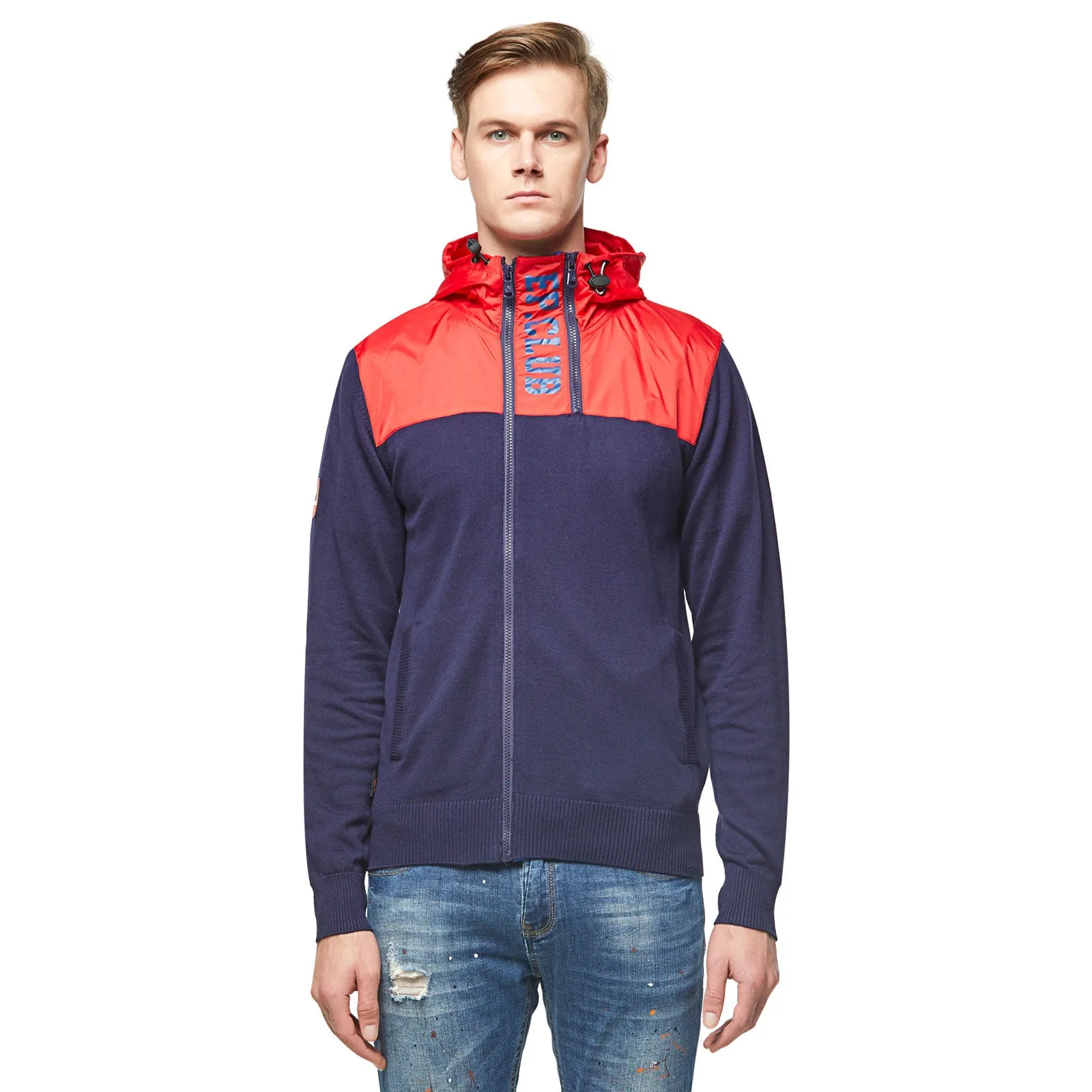 Mens Knitwear With Woven  Zip-Up Hoodie