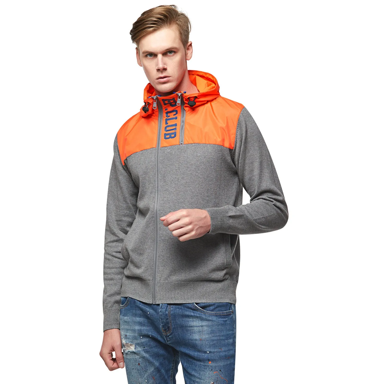 Mens Knitwear With Woven  Zip-Up Hoodie