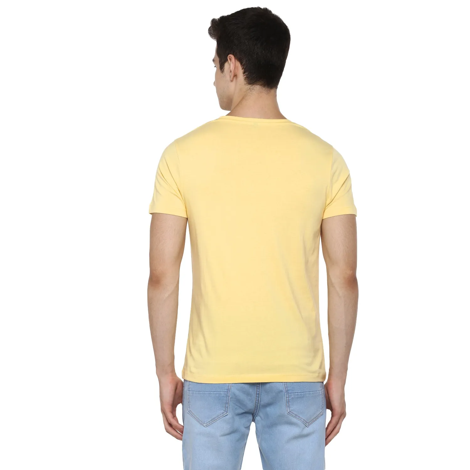 Men's Lemon Yellow Solid Slim Fit Round Neck Cotton T-Shirt