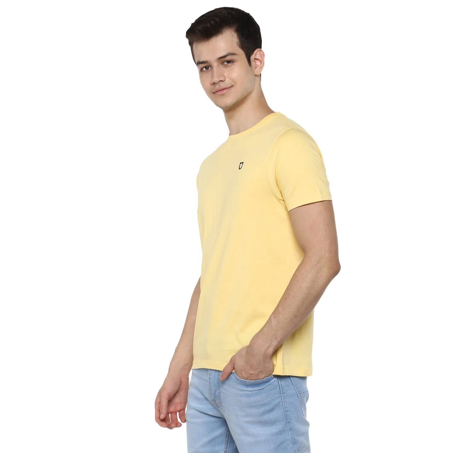 Men's Lemon Yellow Solid Slim Fit Round Neck Cotton T-Shirt