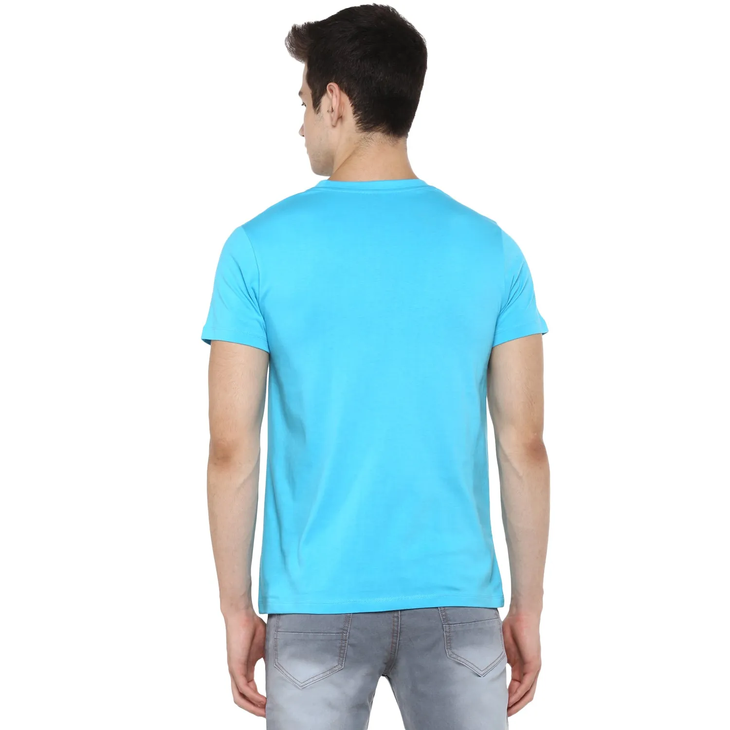 Men's Light Blue Solid Slim Fit Round Neck Cotton T-Shirt