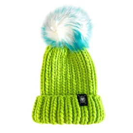 Merino Folded Brim Faux Fur Pom-Pom Beanie in Neon Green