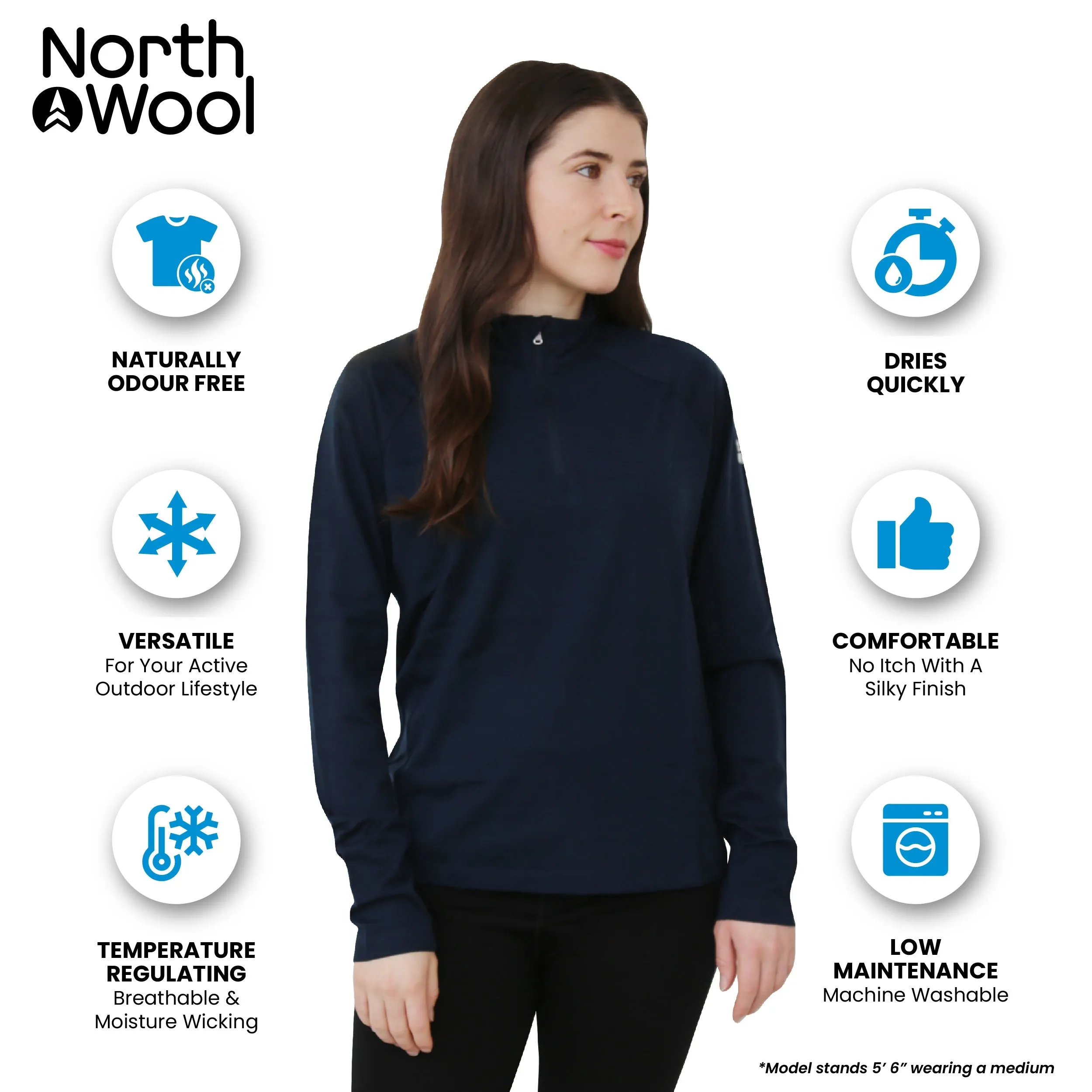 NorthWool Women's 100% Merino Wool 1/4 Zip Baselayer Pullover Sweater 260 GSM