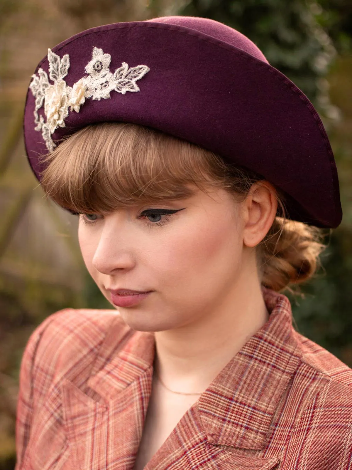 Purple Floral Applique 1940s Vintage Style Halo Hat