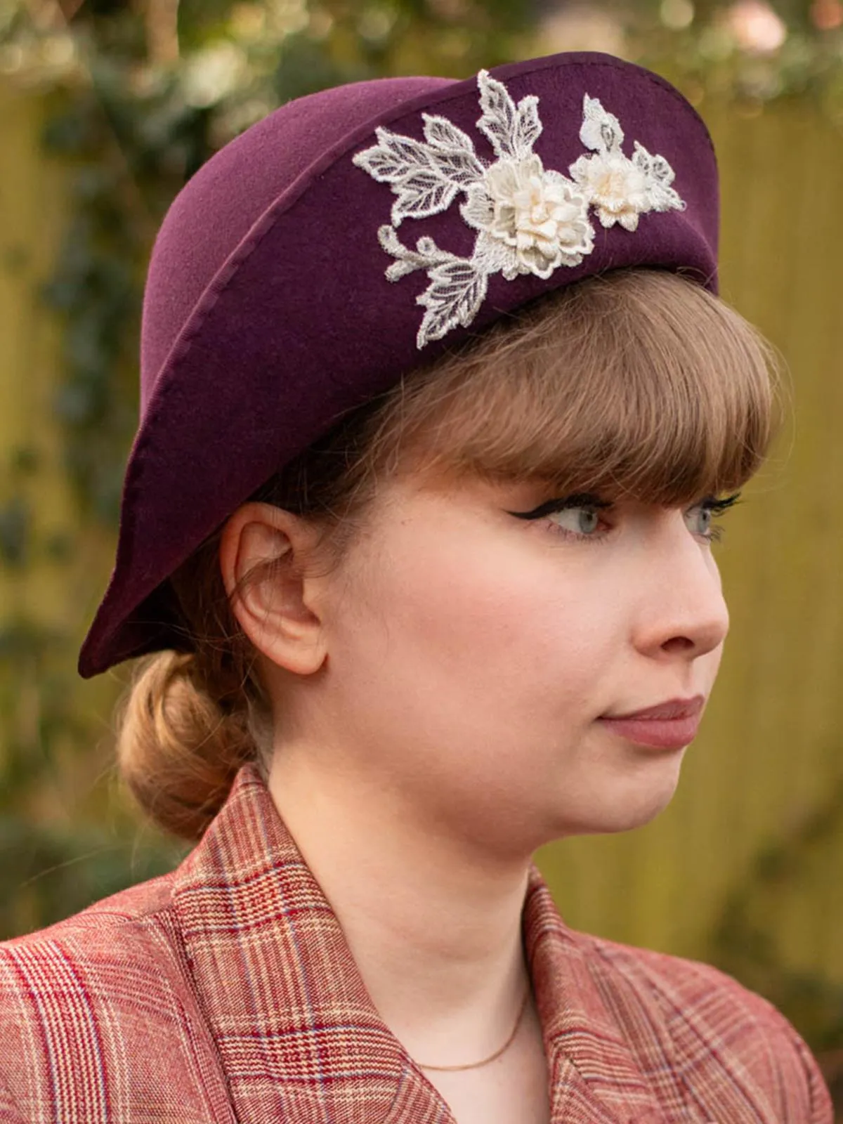 Purple Floral Applique 1940s Vintage Style Halo Hat