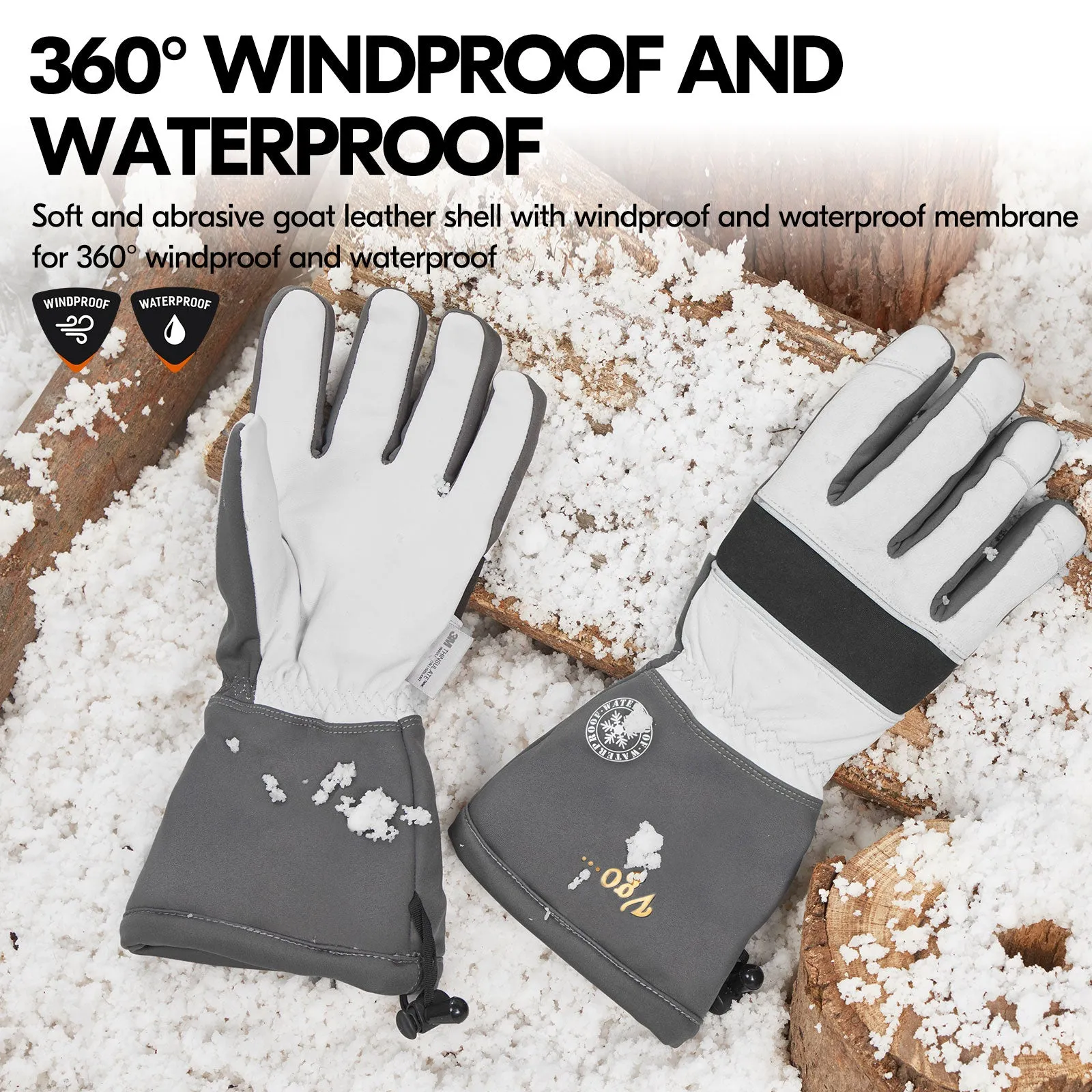 VGO 1-Pair High Dexterity Touchscreen Goatskin Leather Winter Warm Ski Gloves, Cold Storage Work Gloves, G200 Thinsulate, Waterproof Insert (White, GA8435FW)