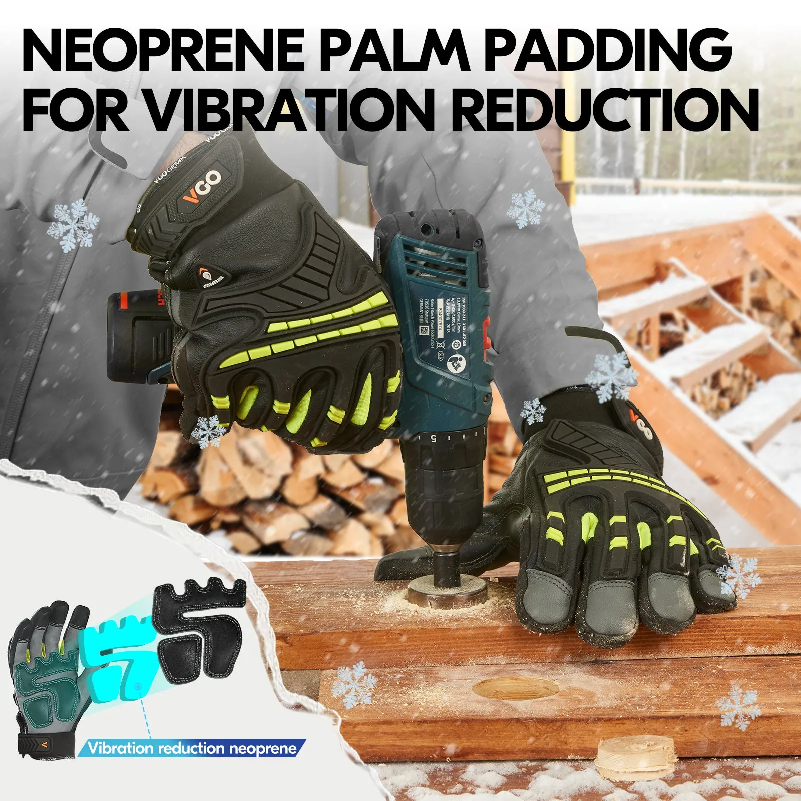 VGO  -4℉ or above Winter Waterproof High Dexterity Heavy Duty Mechanic Glove, Rigger Glove, Anti-vibration, Anti-abrasion, Touchscreen (GA8954FW-GRE)