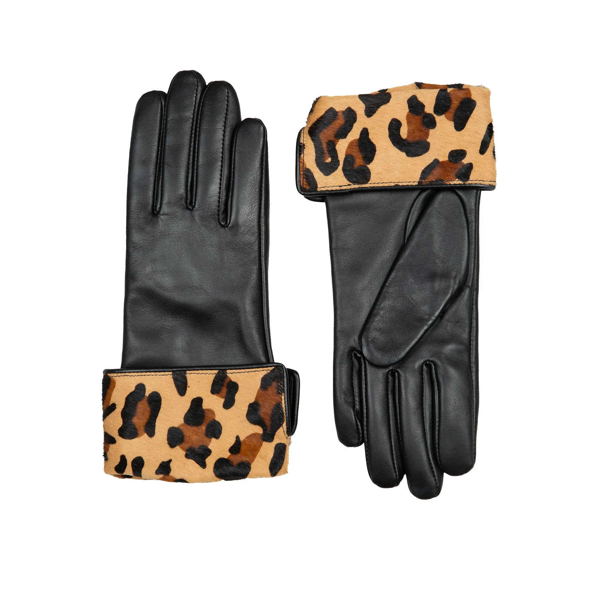 Women’s Lined Leather Gloves with Ponyskin Leopard Print Cuffs