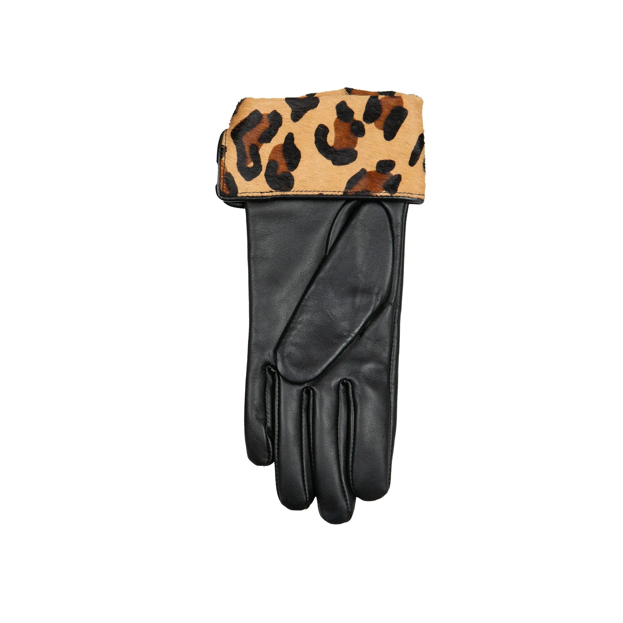 Women’s Lined Leather Gloves with Ponyskin Leopard Print Cuffs