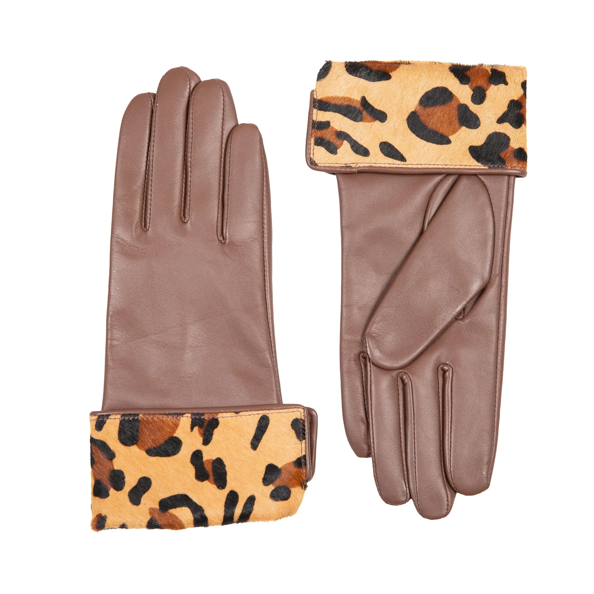 Women’s Lined Leather Gloves with Ponyskin Leopard Print Cuffs