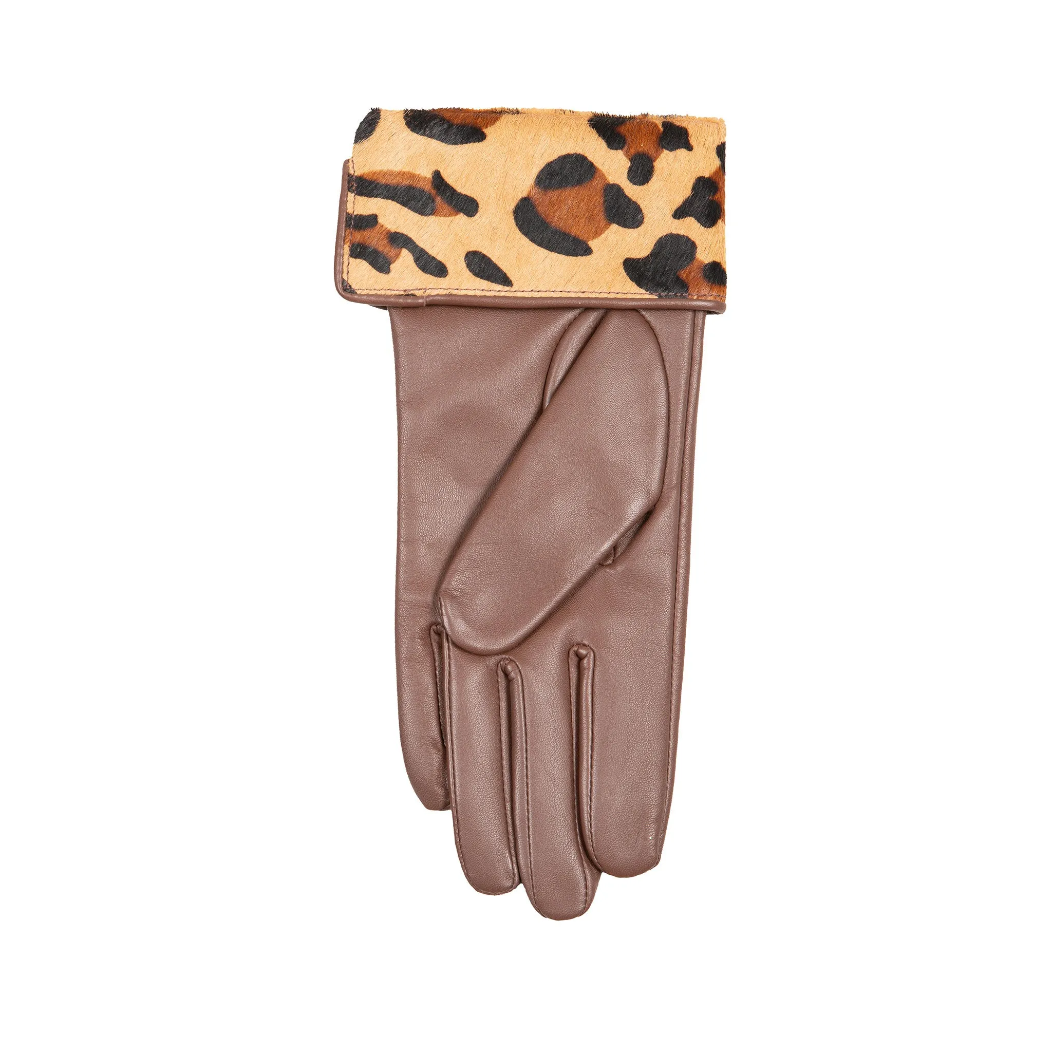 Women’s Lined Leather Gloves with Ponyskin Leopard Print Cuffs