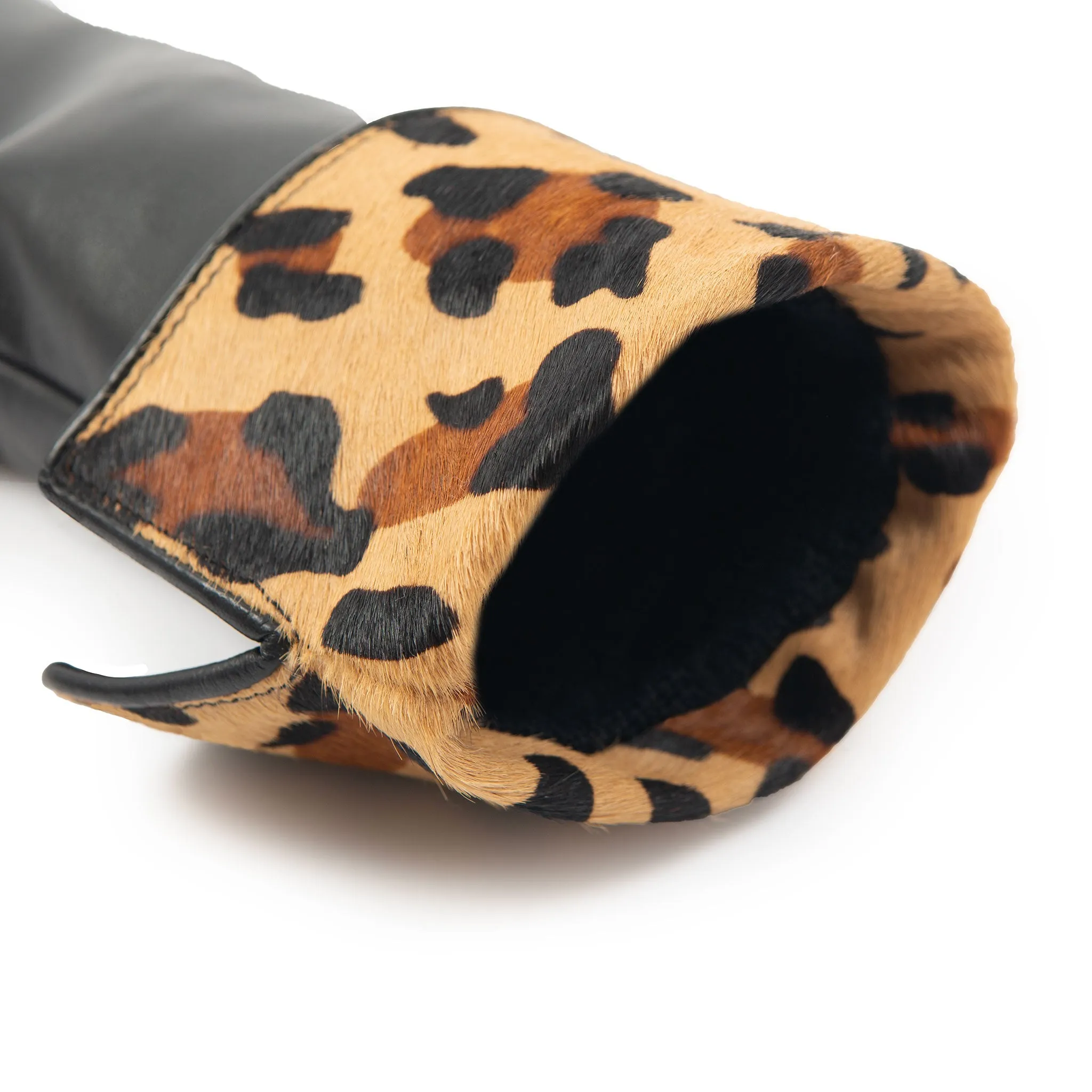 Women’s Lined Leather Gloves with Ponyskin Leopard Print Cuffs