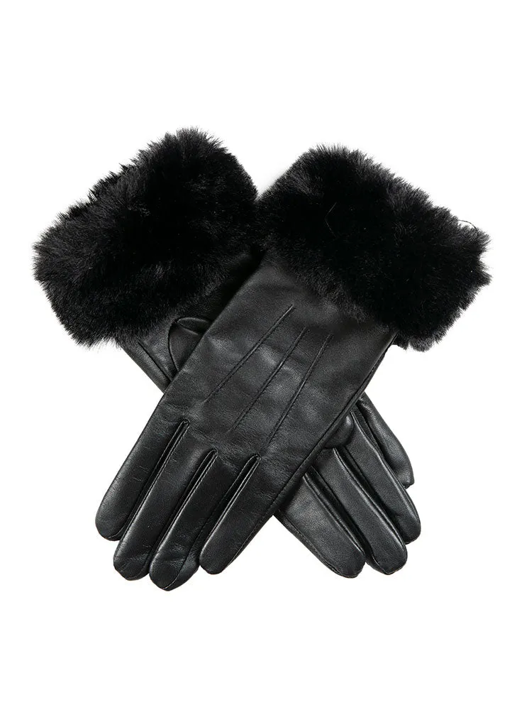 Women’s Touchscreen Three-Point Lined Leather Gloves with Faux Fur Cuffs